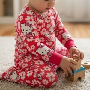 Hello Kitty Kids Pajamas Footed Onesie Jumpsuit Red Floral Print 4T cute soft